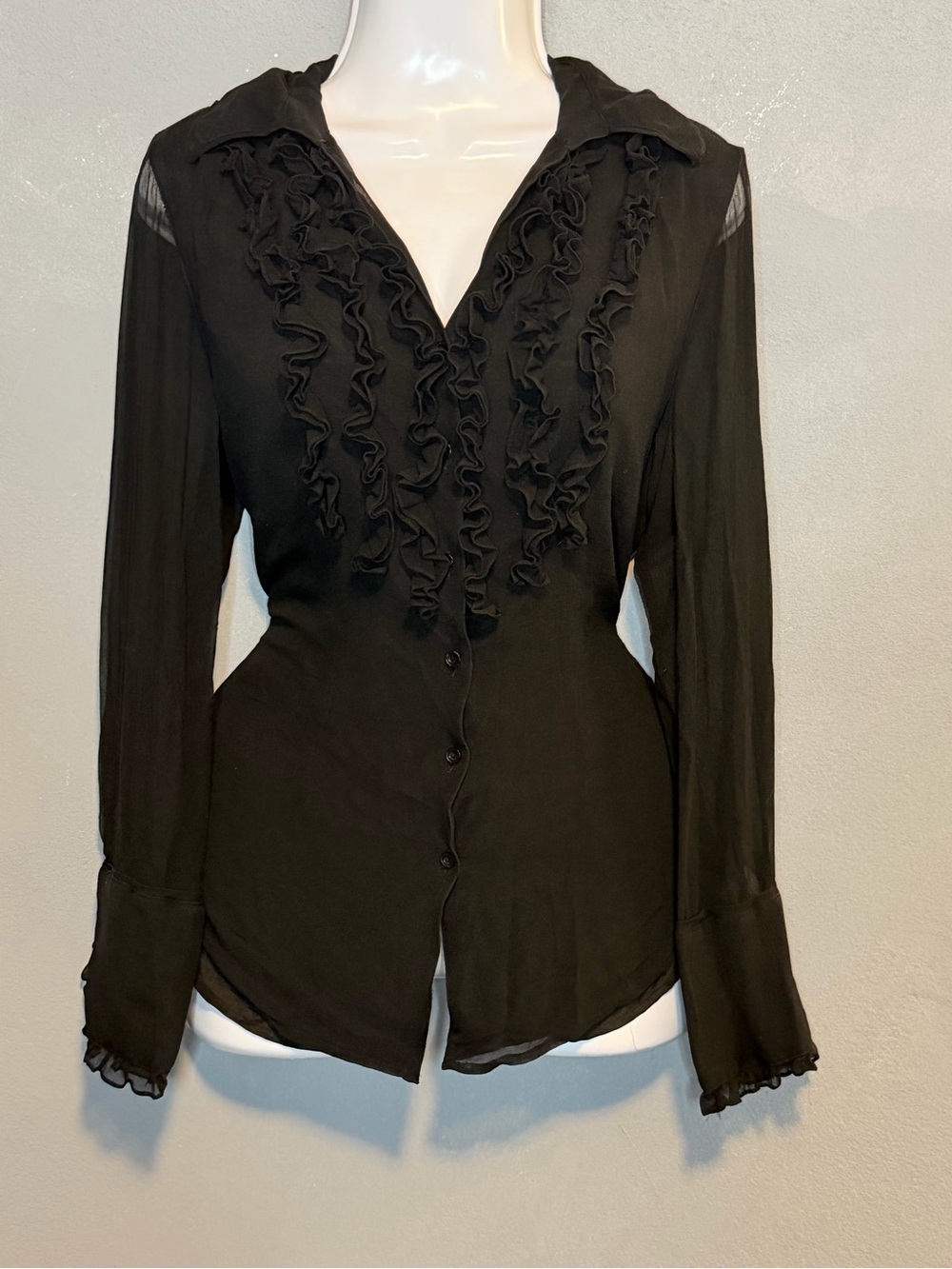 Coldwater Creek Black Sheer Ruffle Front Blouse M Gothic Y2K